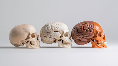 Sequence of skulls showing the evolution of the human brain size.の素材