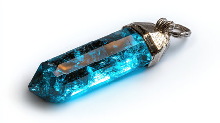 Crystal pendant glowing with blue neon light, isolated on white, ideal for enchanted jewelry designsの素材