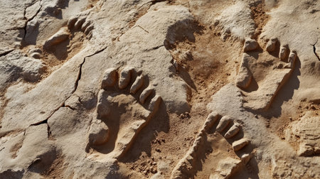 Fossilized footprints showing bipedal movement.の素材