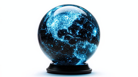 Celestial globe with blue neon stars, isolated on white, perfect for magical and cosmic themesの素材