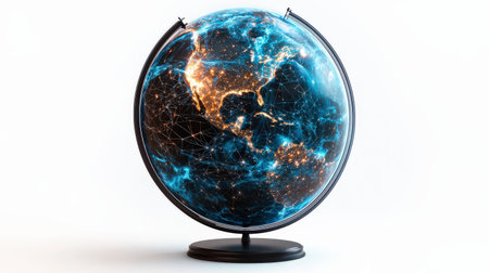 Celestial globe with blue neon stars, isolated on white, perfect for magical and cosmic themesの素材