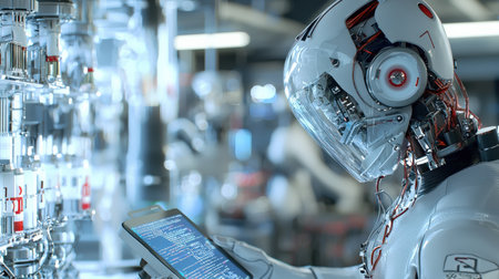 Close-up of robotic technician coding in advanced AI lab, detailed automation setup ideal for brandingの素材