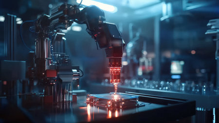 AI-powered robotic arm in a smart factory, precise automation and industrial innovation, perfect for premium tech brandingの素材