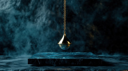 Mystical pendulum on a chain swings over a magic table. gold neon tones --ar 16:9 --personalize jaydbm9 --v 6.1 Job ID: 8f53f26a-0318-475d-8864-b1507e589f46の素材
