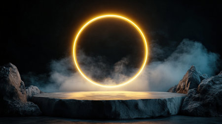 Mystical podium on empty mockup over a magic table. gold neon tonesの素材