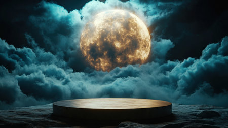 Mystical podium on empty mockup over a magic table. gold neon tonesの素材