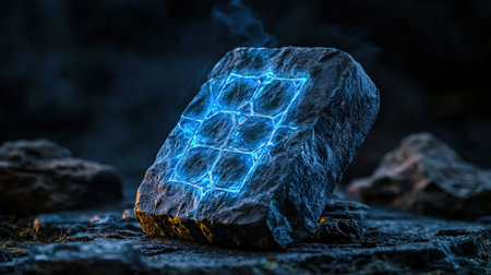 Mystical rune stone glowing in blue neon, isolated on white, ideal for magical and enchanted settingsの素材