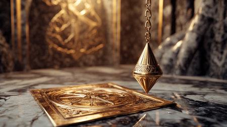 Mystical pendulum on a chain swings over a magic table. gold tonesの素材