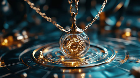 Mystical pendulum on a chain swings over a magic table. gold neon tonesの素材