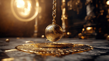 Mystical pendulum on a chain swings over a magic table. gold tonesの素材