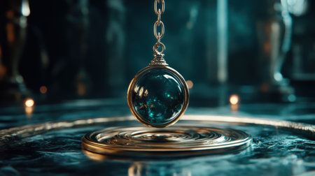 Mystical pendulum on a chain swings over a magic table. gold neon tones --ar 16:9 --personalize jaydbm9 --v 6.1 Job ID: 0e2e9f17-4476-4f9a-8387-f655eddc578dの素材