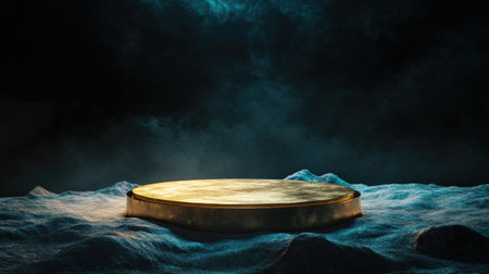 Mystical podium on empty mockup over a magic table. gold neon tonesの素材