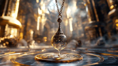 Mystical pendulum on a chain swings over a magic table. gold tonesの素材