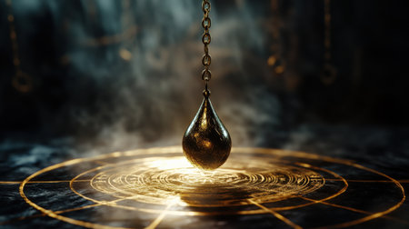 Mystical pendulum on a chain swings over a magic table. gold neon tonesの素材