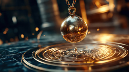 Mystical pendulum on a chain swings over a magic table. gold neon tones --ar 16:9 --personalize jaydbm9 --v 6.1 Job ID: 26f86569-b9bf-4786-9005-32a4a389f5d4の素材