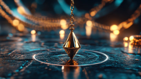 Mystical pendulum on a chain swings over a magic table. gold neon tones --ar 16:9 --personalize jaydbm9 --v 6.1 Job ID: e4e0ad5a-36a3-42d2-9168-7f23f917bdd1の素材