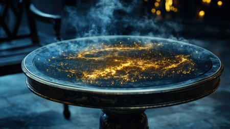 Mystical podium on empty mockup over a magic table. gold neon tonesの素材