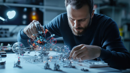 An architect is working on a model of a The structure of the Structure of the solar system structure creative digital cyber punk tone neonの素材