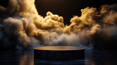 Mystical podium on empty mockup over a magic table. gold neon tonesの素材