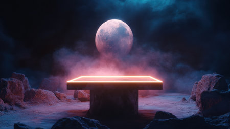 Mystical podium on empty mockup over a magic table. gold neon tonesの素材