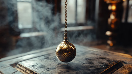 Mystical pendulum on a chain swings over a magic table. gold tonesの素材