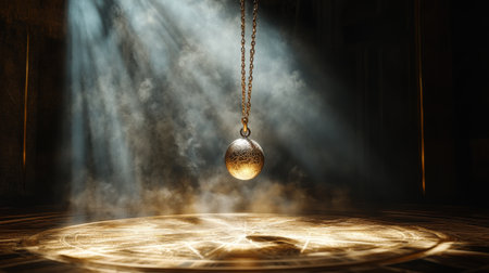 Mystical pendulum on a chain swings over a magic table. gold tonesの素材