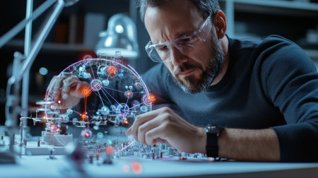 An architect is working on a model of a The structure of the Structure of the solar system structure creative digital cyber punk tone neonの素材