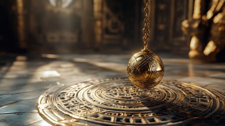 Mystical pendulum on a chain swings over a magic table. gold tonesの素材
