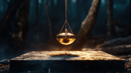 Mystical pendulum on a chain swings over a magic table. gold neon tones --ar 16:9 --personalize jaydbm9 --v 6.1 Job ID: f8cd5047-4488-47c1-9971-18619d3d7304の素材