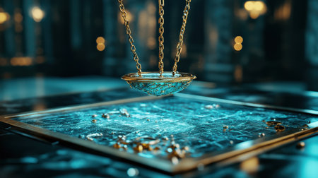 Mystical pendulum on a chain swings over a magic table. gold neon tones --ar 16:9 --personalize jaydbm9 --v 6.1 Job ID: 67662341-ce41-428d-83df-50663eaa200dの素材
