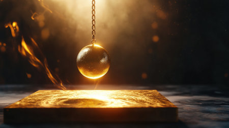 Mystical pendulum on a chain swings over a magic table. gold neon tones --ar 16:9 --personalize jaydbm9 --v 6.1 Job ID: aada4683-d2f5-49e4-934f-262e471f2a7eの素材