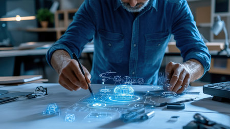 An architect is working on a model of a The structure of the Structure of the solar system structure creative digital blue tone neonの素材