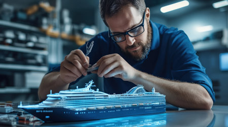 An architect is working on a model of a The structure of the Cruise ship structure creative digital blue tone neonの素材