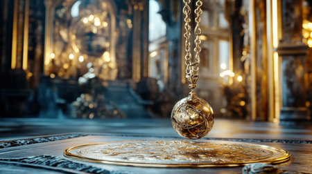 Mystical pendulum on a chain swings over a magic table. gold tonesの素材
