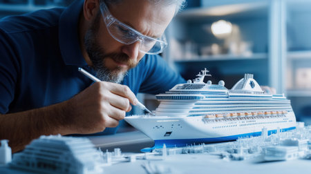 An architect is working on a model of a The structure of the Cruise ship structure creative digital blue tone neonの素材