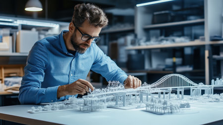 An architect is working on a model of a The structure of the suspension bridge creative digital blue tone neon --ar 16:9 --personalize jaydbm9 --v 6.1 Job ID: 23da4c8b-69d0-45a2-a6e4-24d21df15c8cの素材