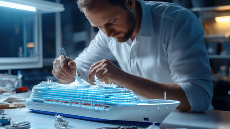 An architect is working on a model of a The structure of the Cruise ship structure creative digital blue tone neonの素材