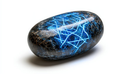 Mystical rune stone glowing in blue neon, isolated on white, ideal for magical and enchanted settingsの素材