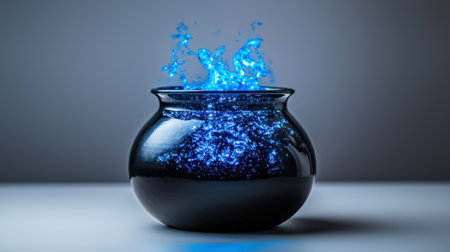 Witch cauldron with bubbling blue neon potion, isolated on white, perfect for magical and enchanted themesの素材