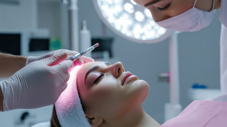 close up A couple receives a relaxing facial Eyebrow enhancement side by side at a high-end beauty clinicの素材