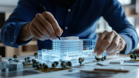 An architect is working on a model of a building skyscraper creative digital blue tone neonの素材