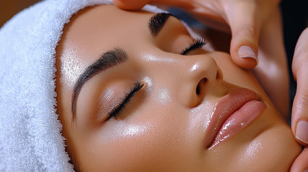 close up A couple Asia receives a relaxing facial Eyebrow enhancement side by side at a high-end beauty clinic.の素材