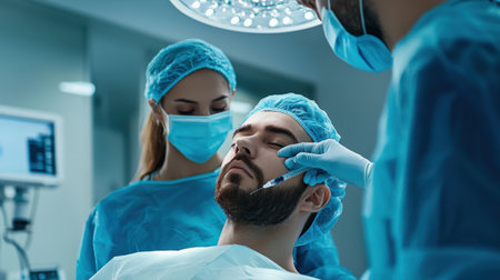 close up A couple receives a relaxing facial hair transplant side by side at a high-end beauty clinic.の素材