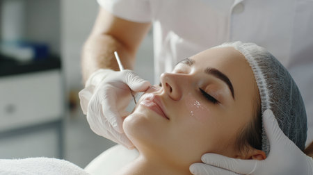 close up A couple receives a relaxing facial Eyebrow enhancement side by side at a high-end beauty clinic.の素材