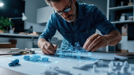 An architect is working on a model of a The structure of the Structure of the solar system structure creative digital blue tone neonの素材