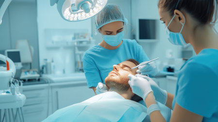 close up A couple receives a relaxing facial hair transplant side by side at a high-end beauty clinic.の素材