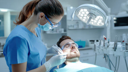 close up A couple receives a relaxing facial hair transplant side by side at a high-end beauty clinic.の素材