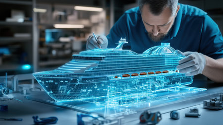 An architect is working on a model of a The structure of the Cruise ship structure creative digital blue tone neonの素材