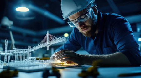 An architect is working on a model of a The structure of the suspension bridge creative digital blue tone neon --ar 16:9 --personalize jaydbm9 --v 6.1 Job ID: 23da4c8b-69d0-45a2-a6e4-24d21df15c8cの素材