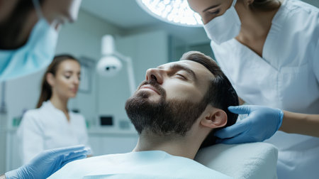 close up A couple receives a relaxing facial hair transplant side by side at a high-end beauty clinic.の素材